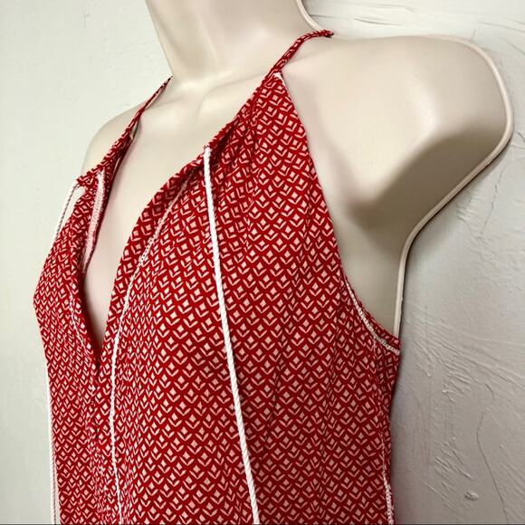 Joe Fresh Red White Tribal Print Boho Style Racerback Top Tassel Front TIe - Picture 3 of 16